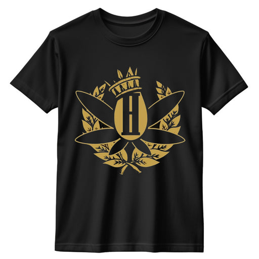 Hemphasize merch black short-sleeve crewneck t-shirt featuring a large gold graphic on the chest. 