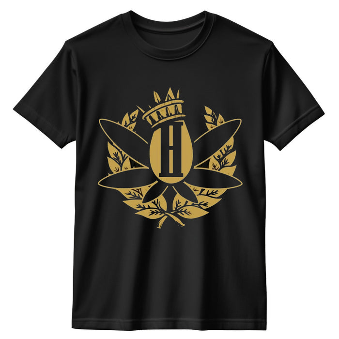 Hemphasize merch black short-sleeve crewneck t-shirt featuring a large gold graphic on the chest. 