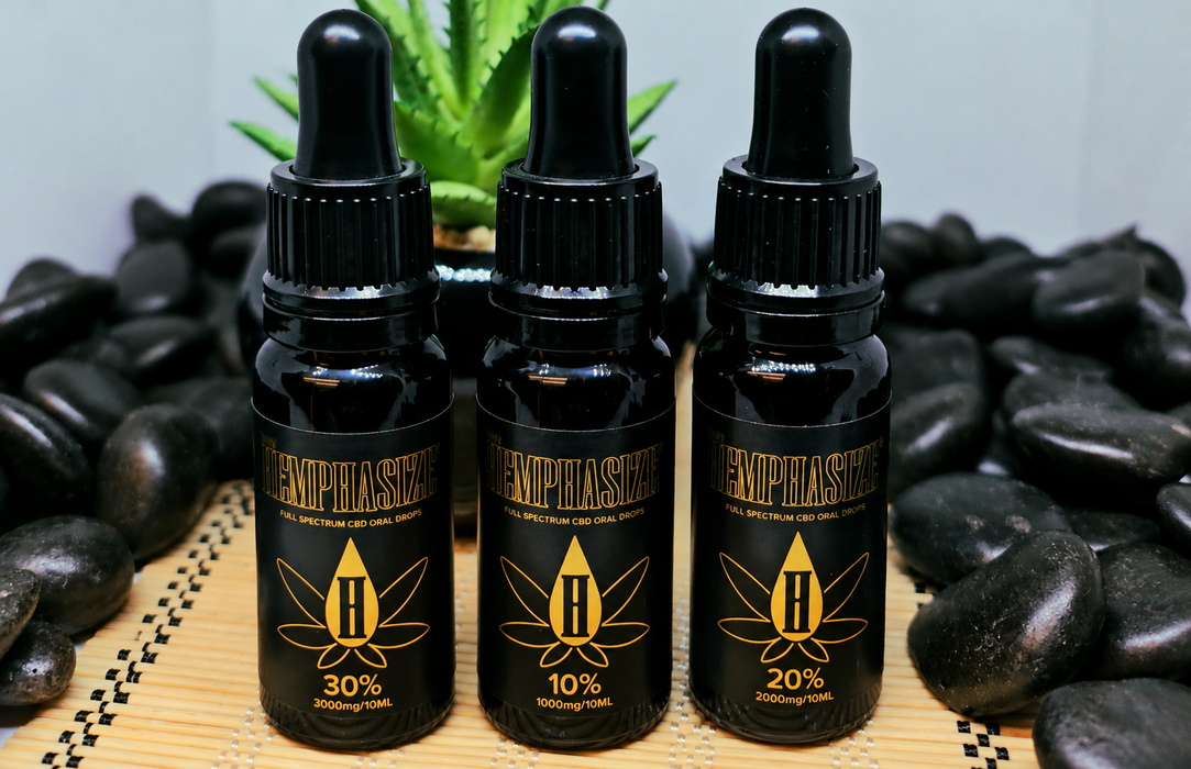 HEMPHASIZE premium full-spectrum CBD oils with 10%, 20% and 30% strengths